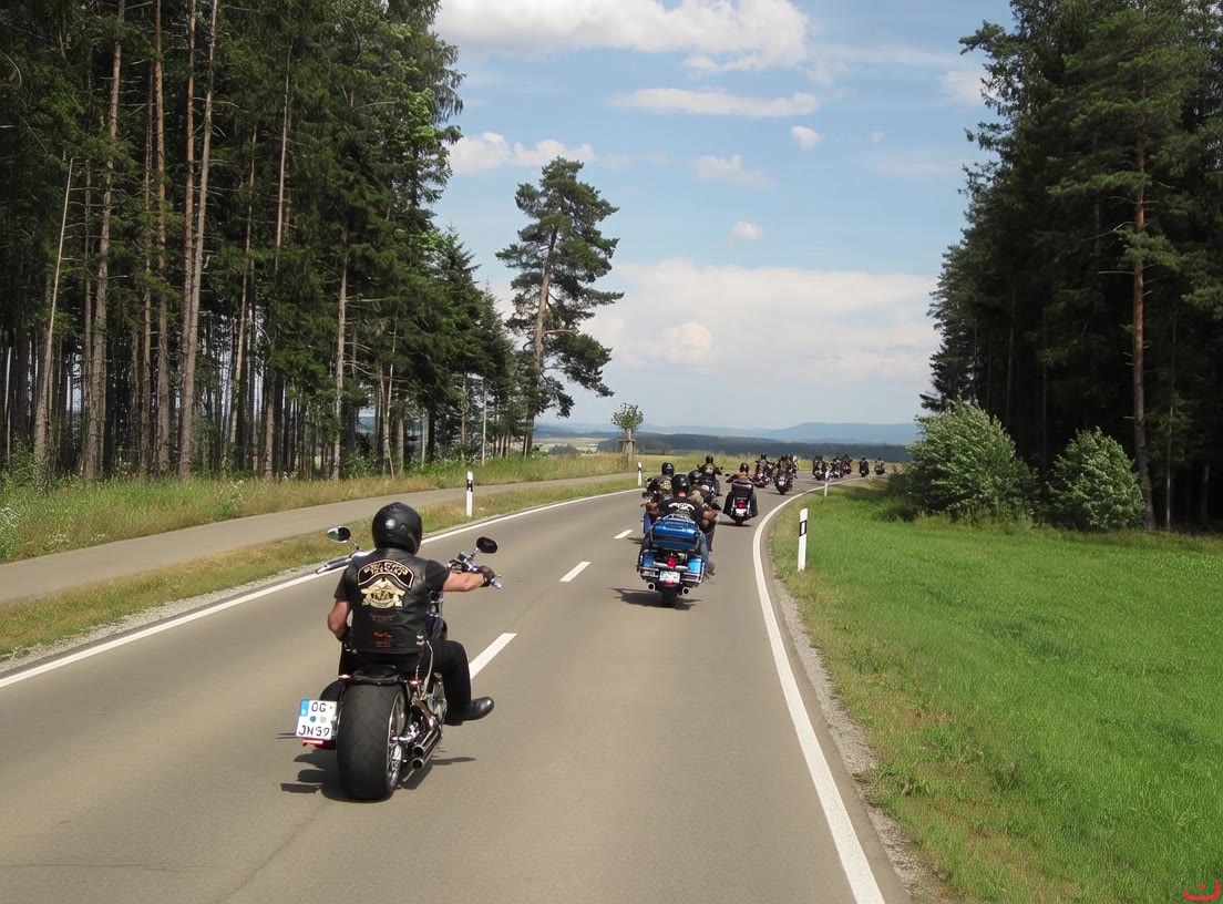 Motorradgruppe auf gerader Waldstrecke mit Blick ins Tal