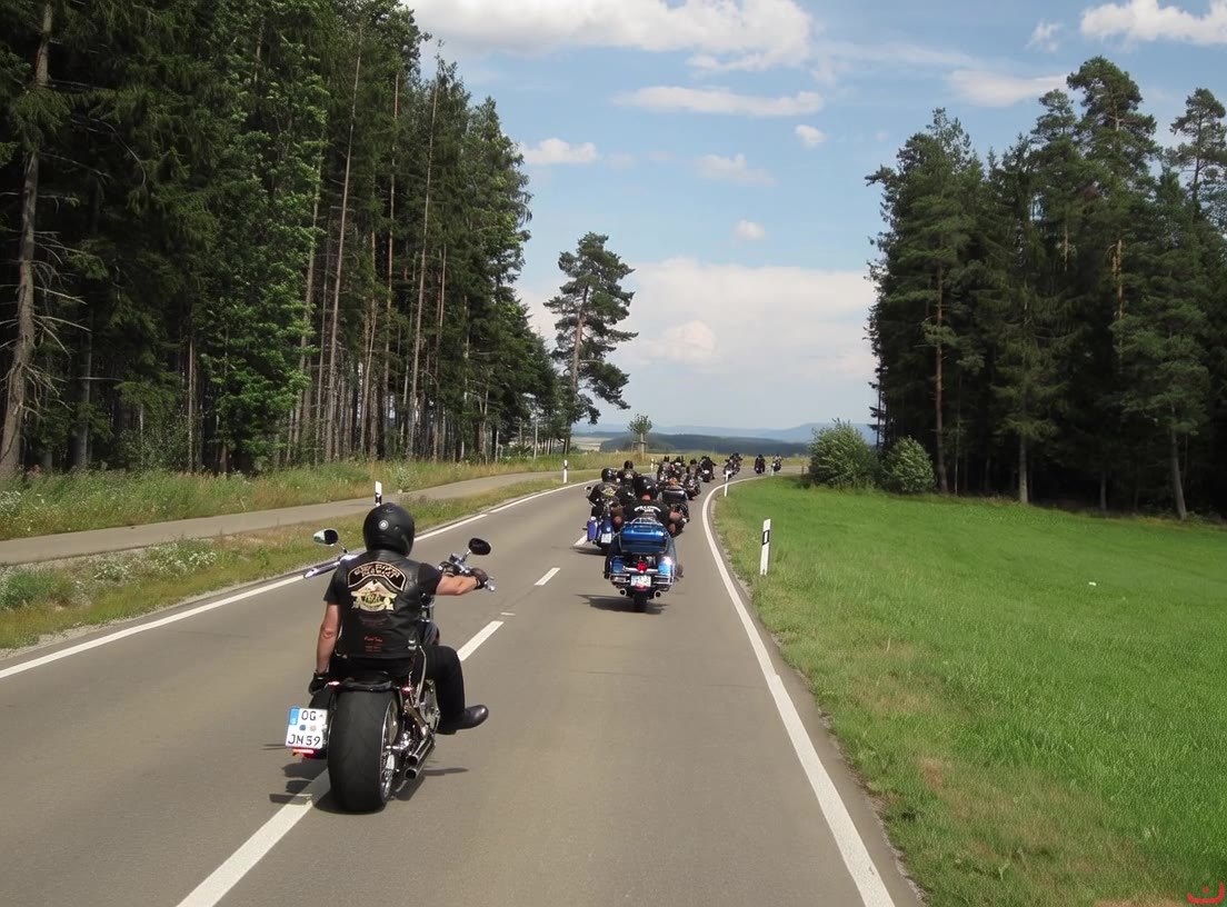 Chapter-Ausfahrt in Formation auf einer Landstraße durch Tannenwald